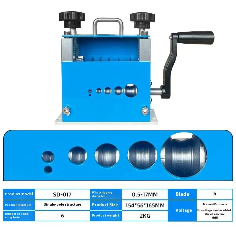 SD-017 manual wire stripping machine showing compact design and adjustable diameter openings 0.5-17mm
