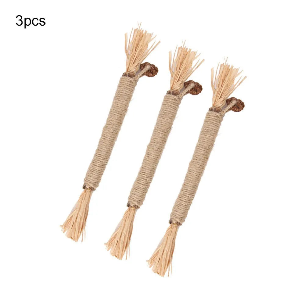 3 pack silvervine chew sticks for cats with sisal rope and raffia dental cleaning texture