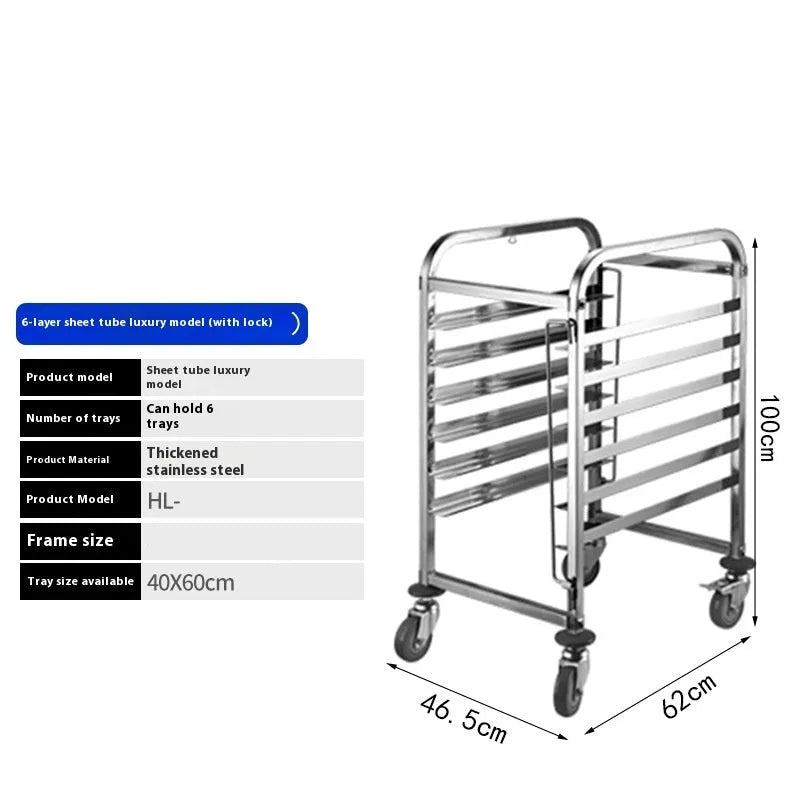Six-layer stainless steel baking tray rack with lock, showing 40x60cm frame and removable tiers.