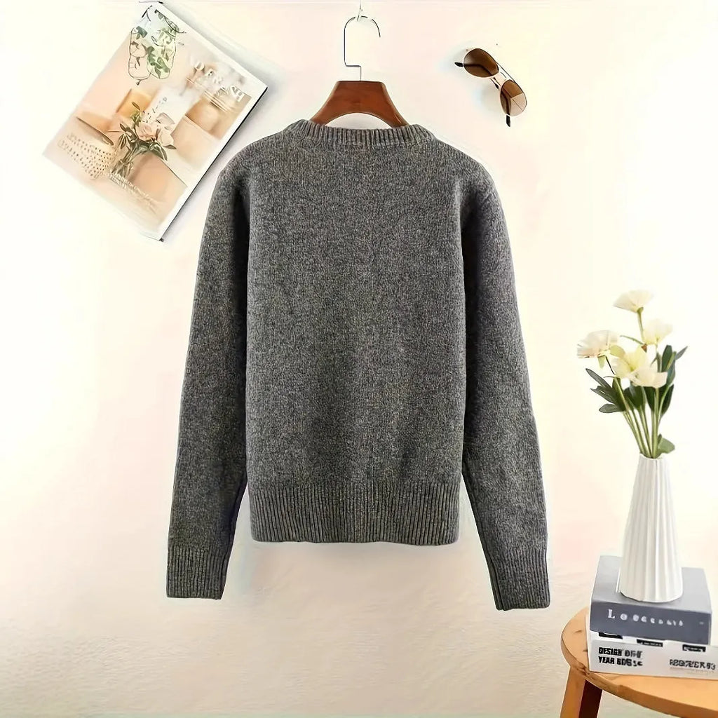 Dark grey women's cardigan sweater with button front, regular length, Asian sizing options