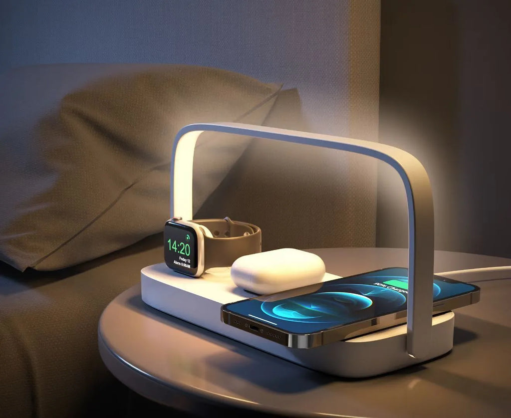White wireless charging night light phone holder with QC3.0, 2A output, USB input, and charging bracket