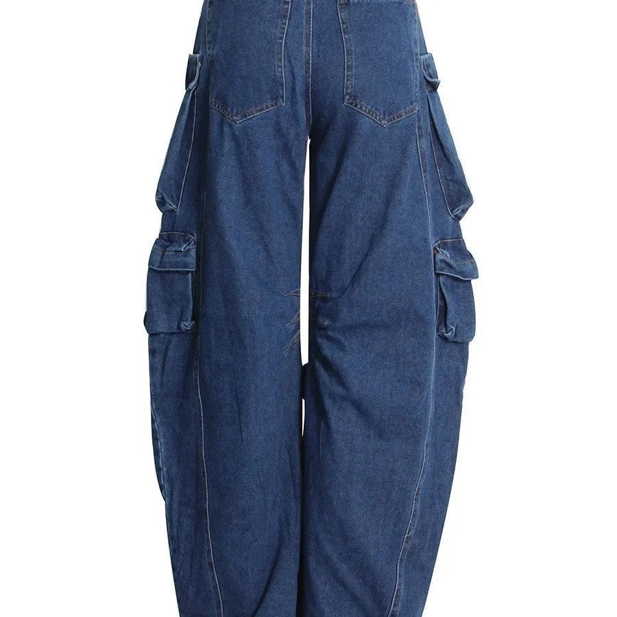 Dark blue distressed wide-leg workwear jeans with high waist and multiple pockets