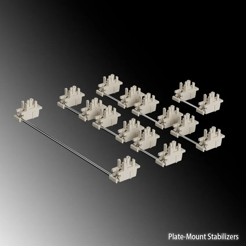 Keyboard stabiliser accessories set showing black and milky white options for 6.25U and 7U spacebars