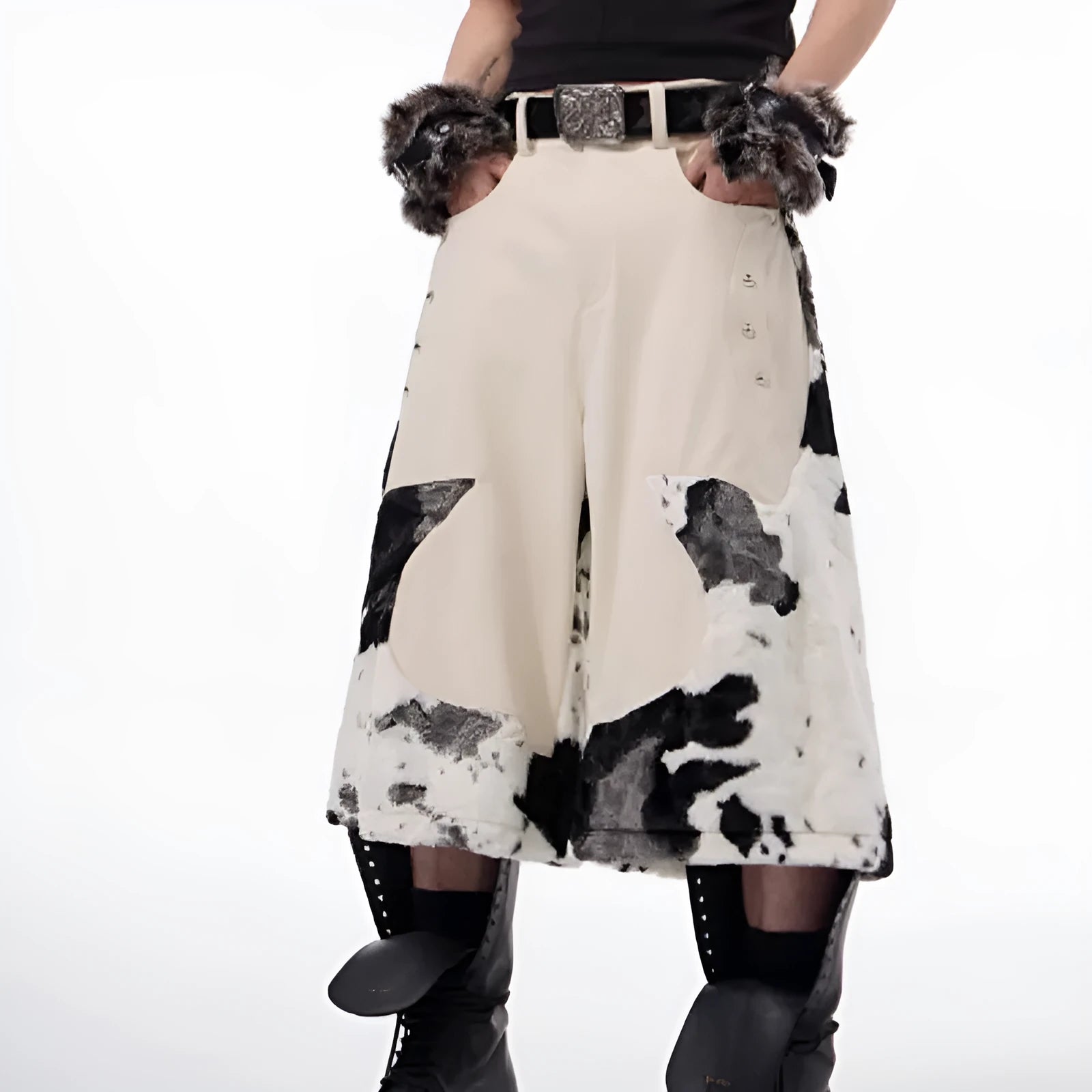 Stitching milk fibre fur cropped pants with personalised checkered, striped, printed or embroidered patterns
