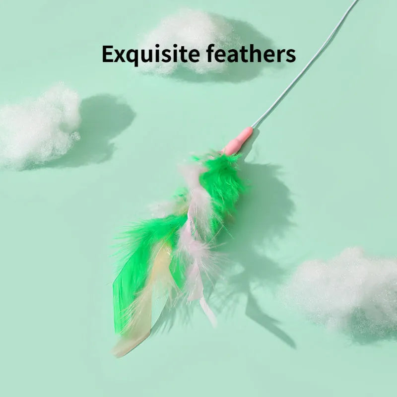 Green interactive cat wand toy with feather and bell refills for feline play