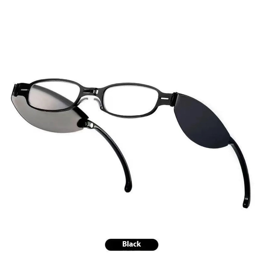 Folding pocket presbyopic glasses with retro ring-style metal frame in black or silver colour options.