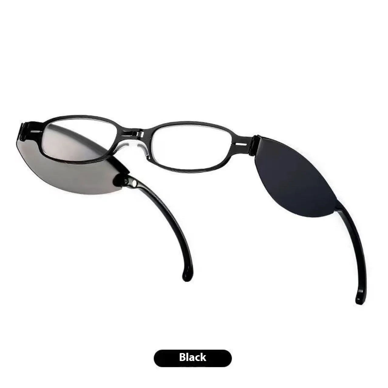 Folding pocket presbyopic glasses with retro ring-style metal frame in black or silver colour options.
