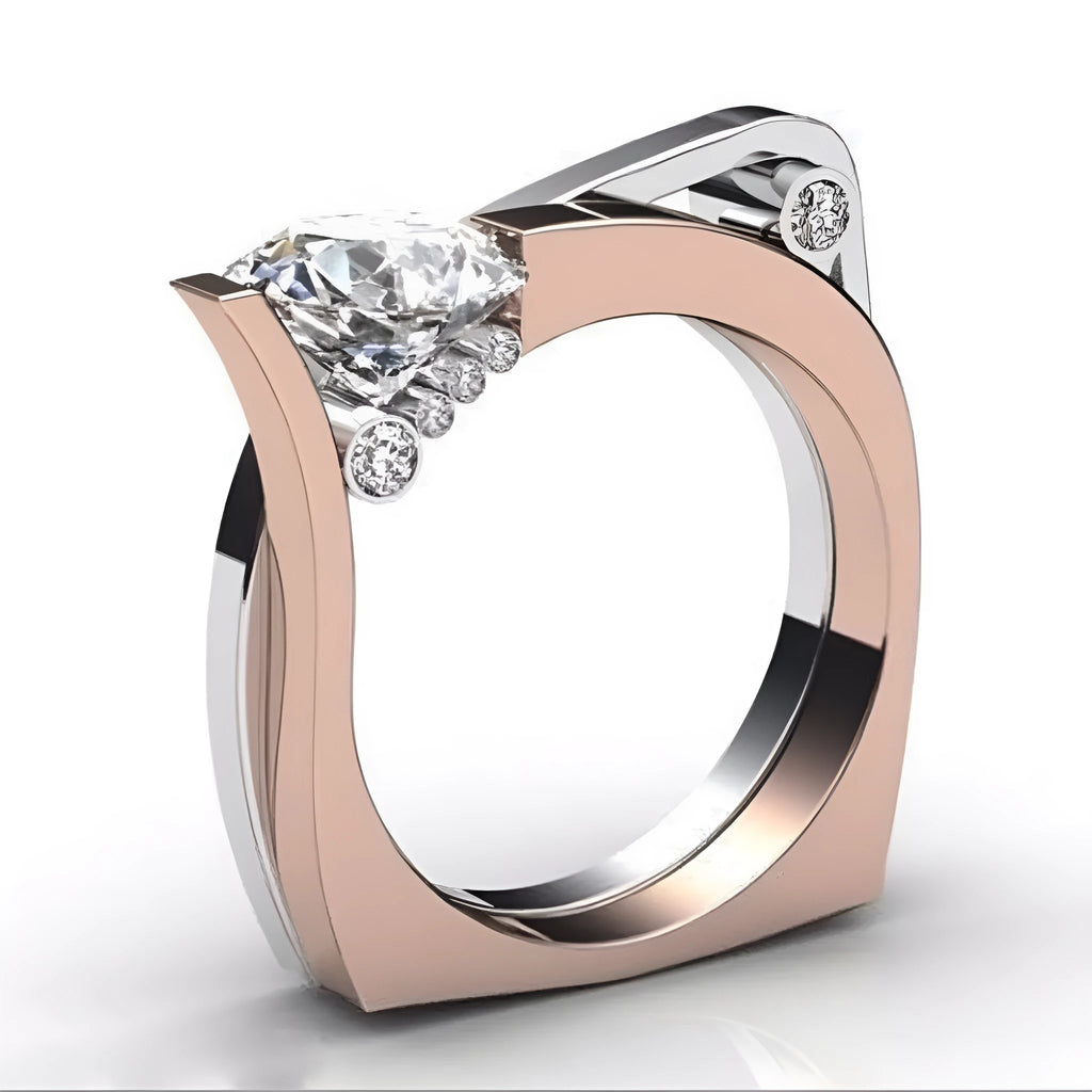 Rose gold geometric couple rings with zircon stone inlays shown in women's sizes