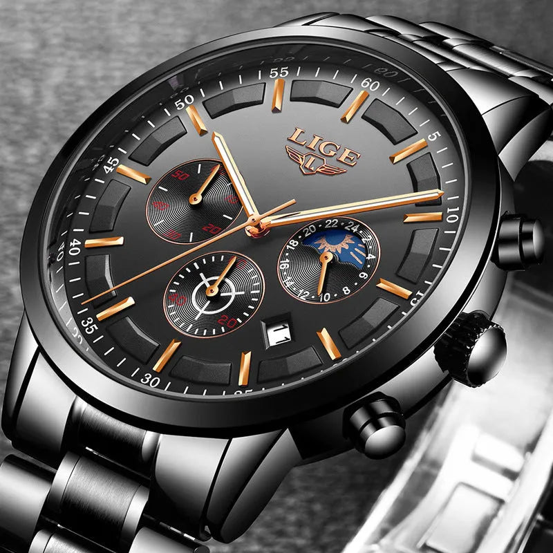 Men's quartz sports watch with Black and Rose Red Gold colour combination showing 12mm thickness
