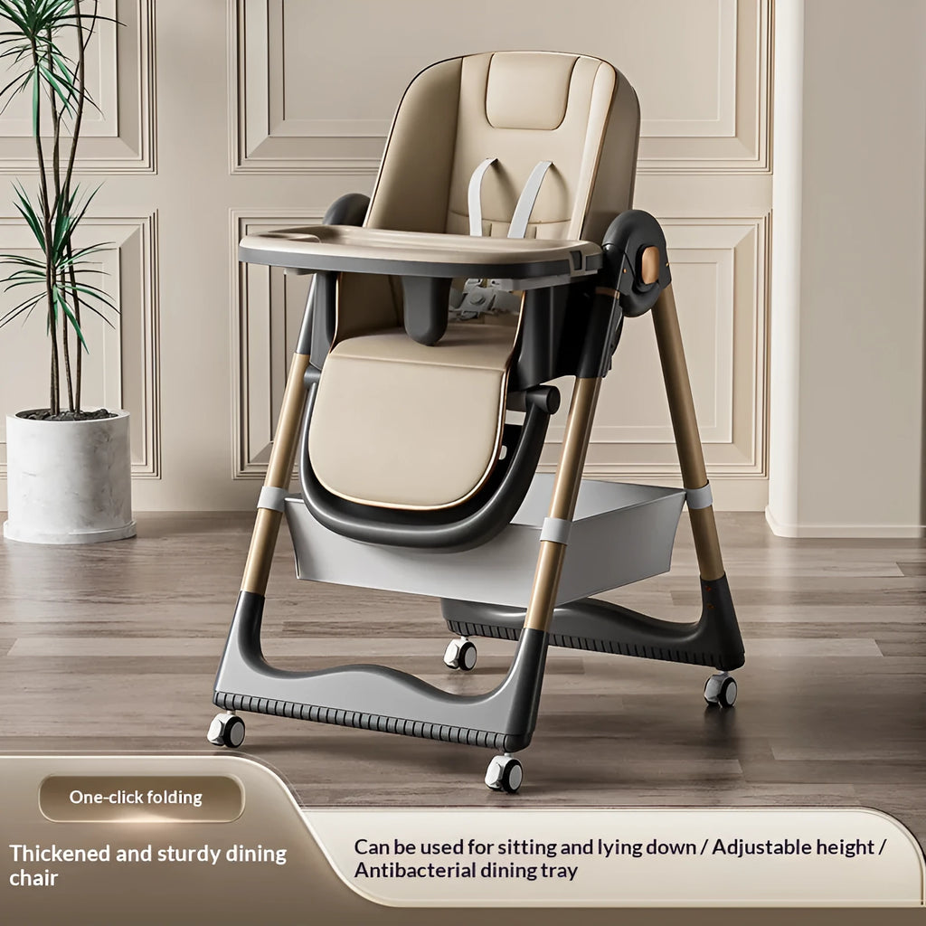 Adjustable baby dining chair with metal frame for babies over 6 months, shown in brown, white, grey, pink, or green.