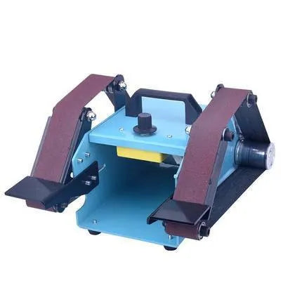 Blue desktop dual-axis belt sander with abrasive belt, variable speed switch, and compact metal housing.