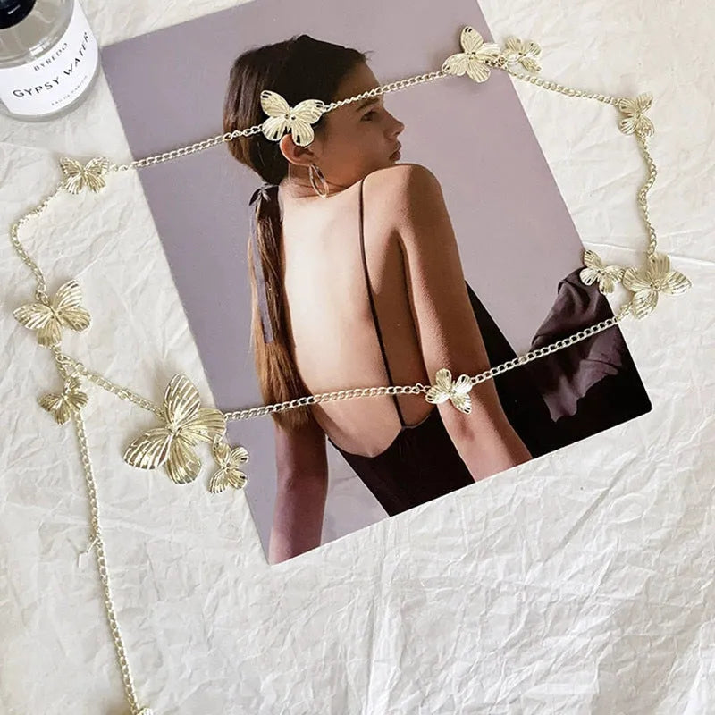 Gold or silver alloy waist chain with butterfly motif, 104cm length women's fashion accessory