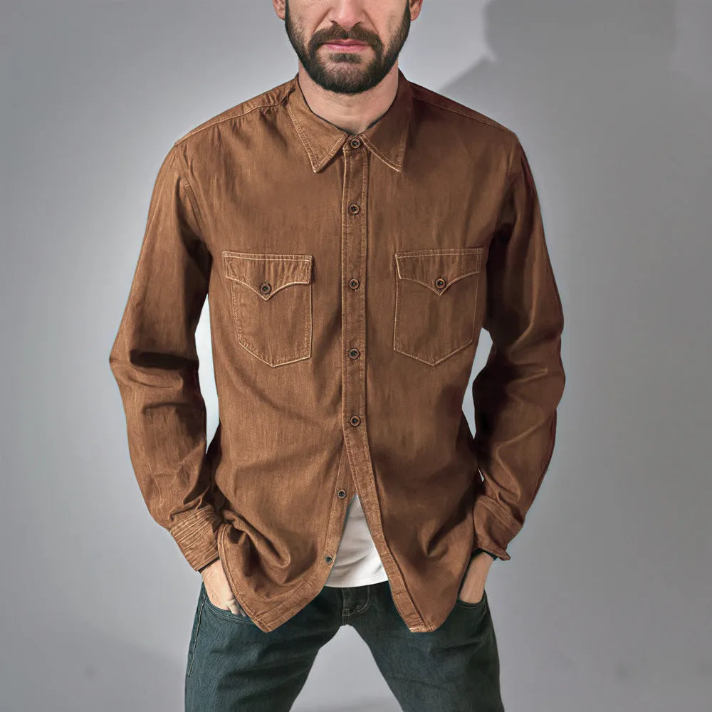 Denim cardigan coat in regular fit shown in khaki, black, blue, and grey colour options.