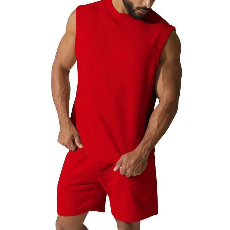Men's sleeveless cotton blend sports top and matching casual shorts set in army green.