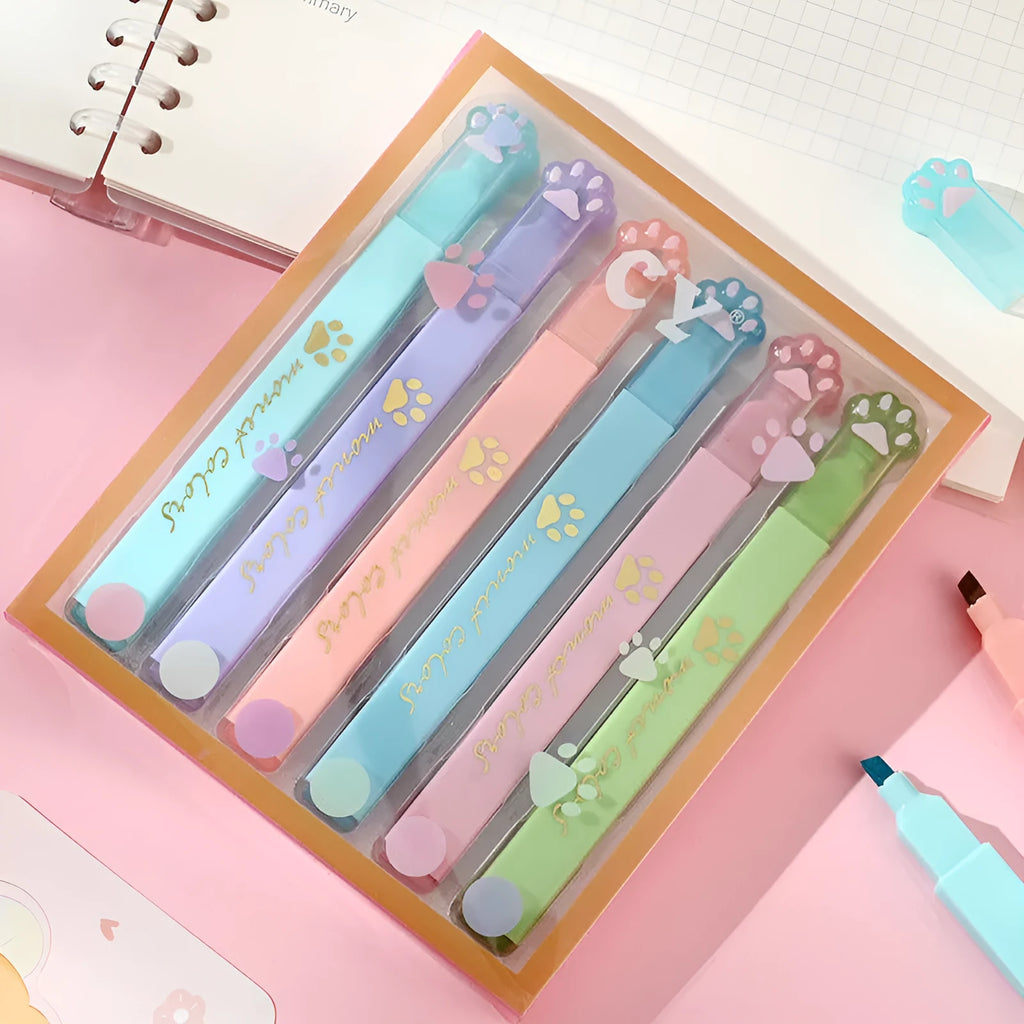 Box of six Cat's Paw fluorescent marking pens with oblique tips in assorted colours for office and school use.