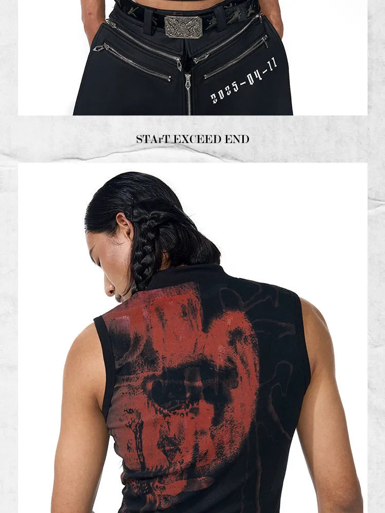 Black half turtleneck sleeveless slim-fit t-shirt with a character print on the front.