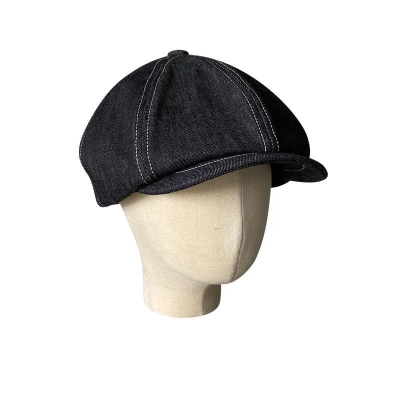 Black Japanese denim beret hat showing retro design with cotton construction