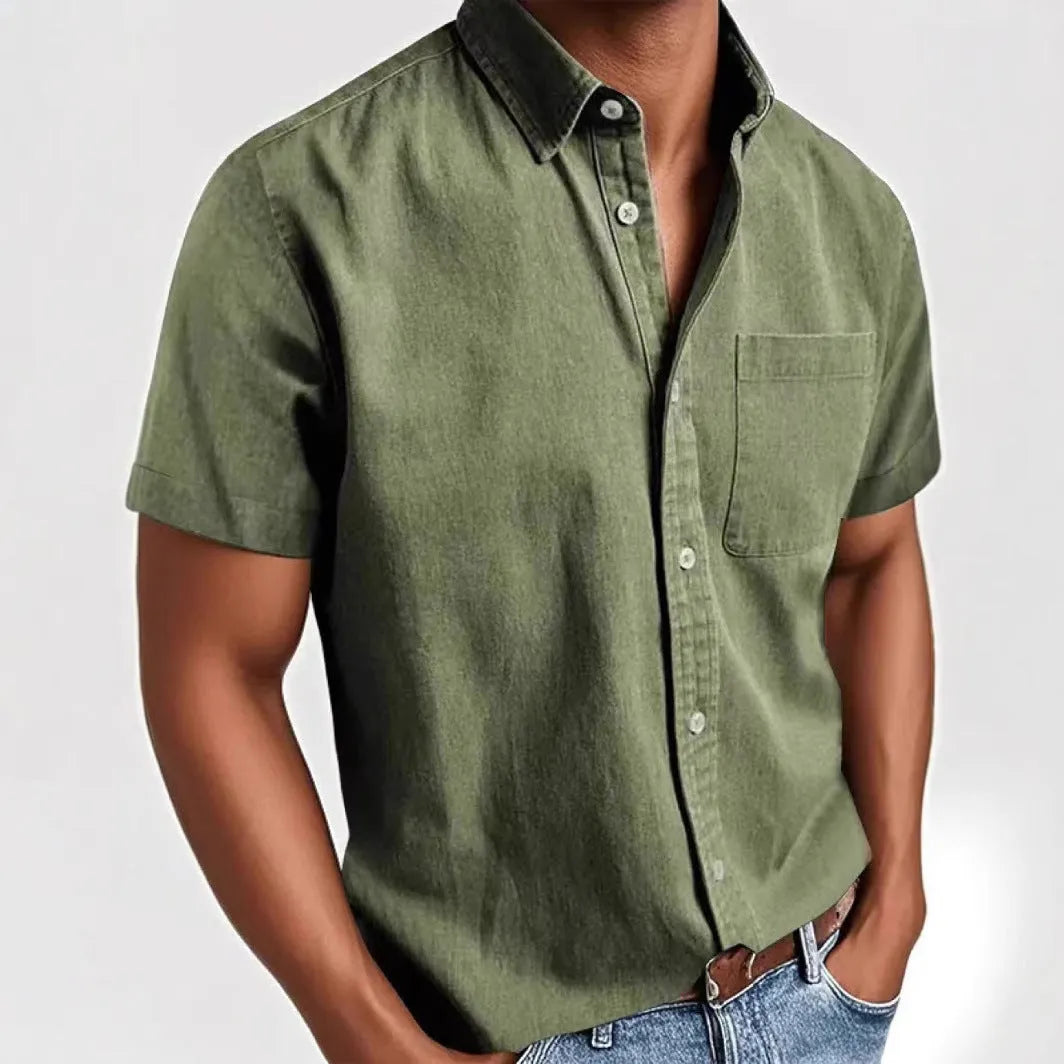 Men's loose fit short sleeve casual shirt in a cotton blend fabric, shown in multiple colours.
