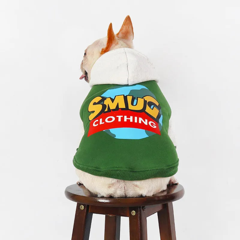 Green cotton dog coat shown on a large breed dog, sizes available from L to 4XL.