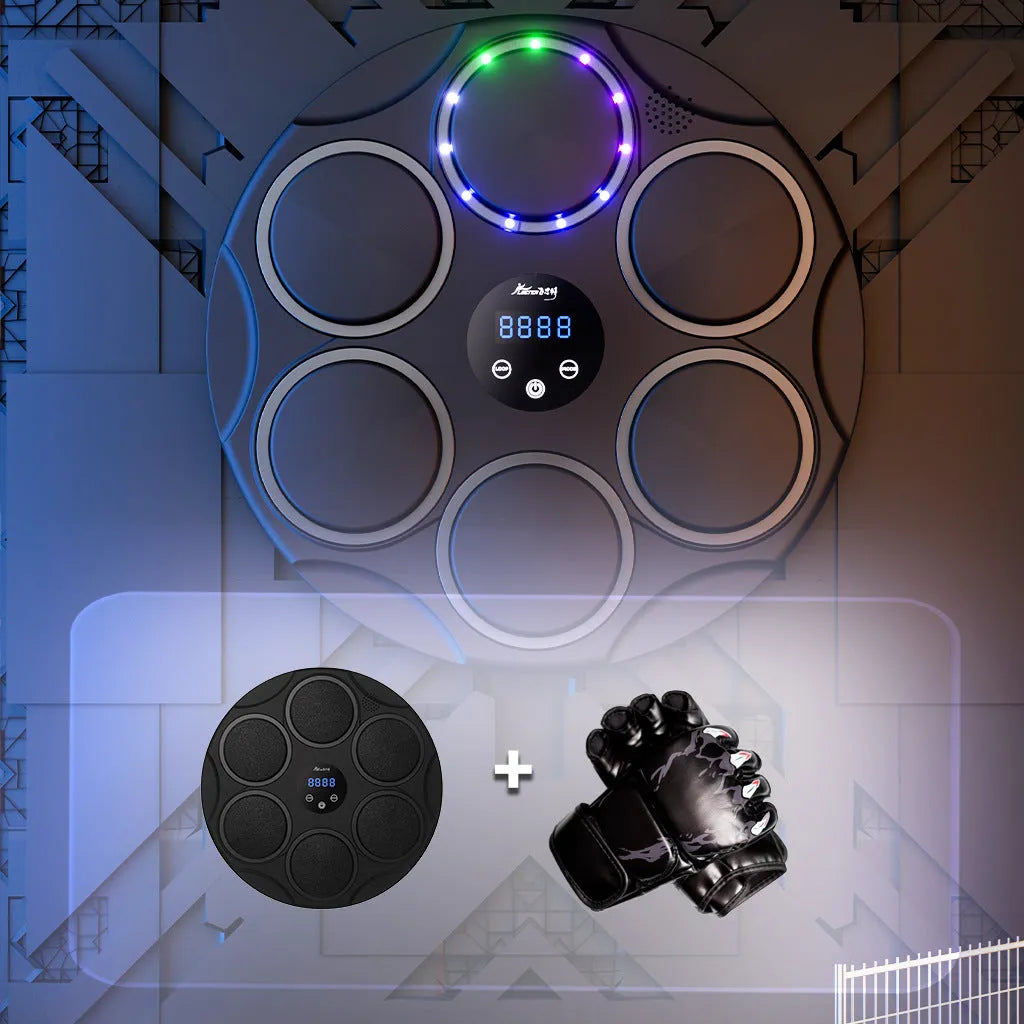 Black smart Bluetooth boxing target with coloured LED lights hanging on wall