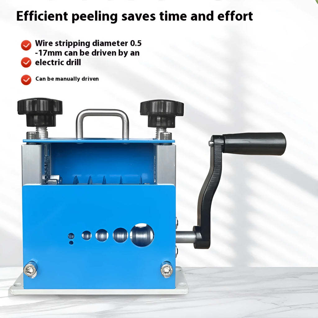 SD-017 manual wire stripping machine showing compact design and adjustable diameter openings 0.5-17mm