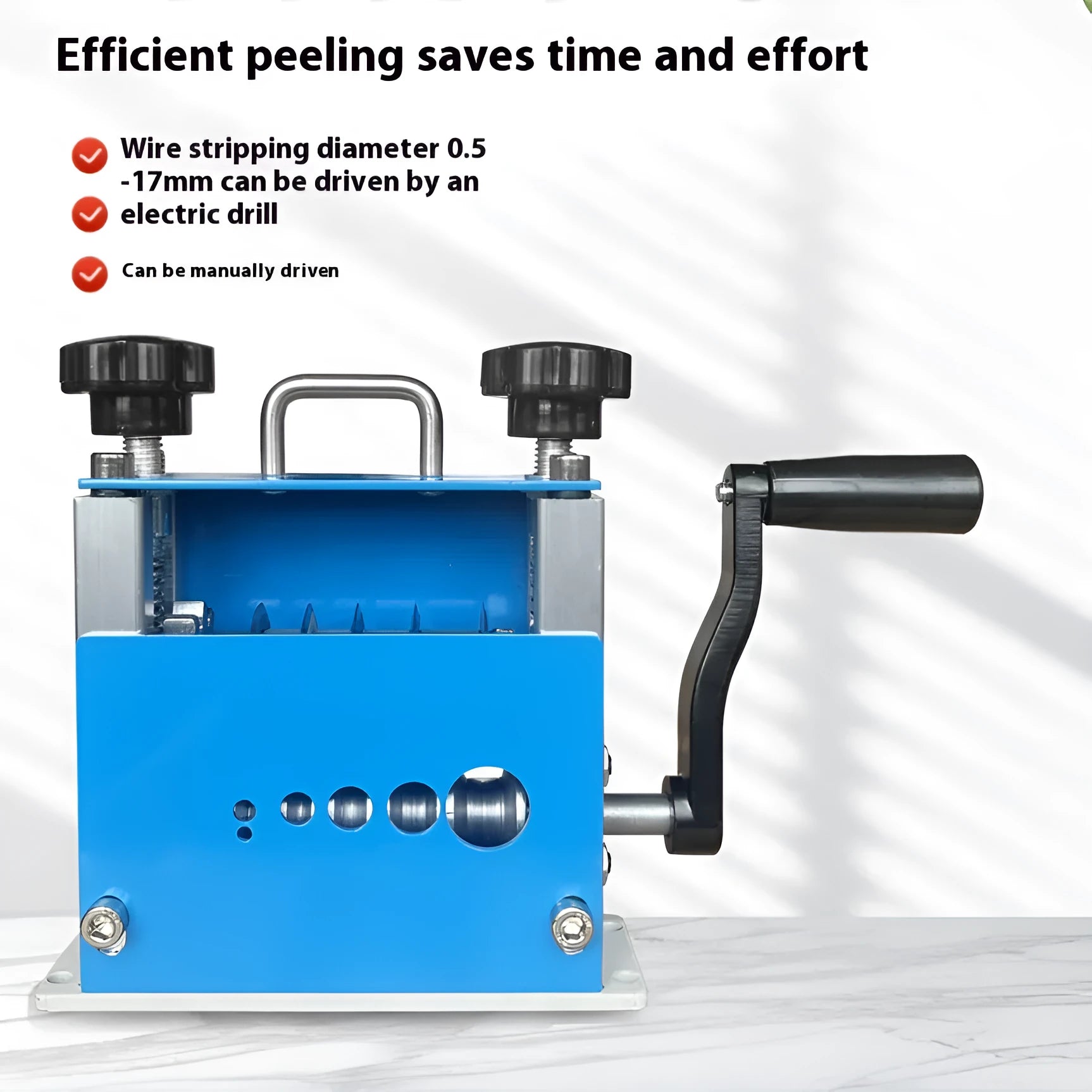 SD-017 manual wire stripping machine showing compact design and adjustable diameter openings 0.5-17mm