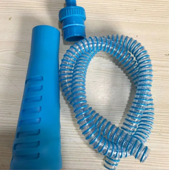 Blue 3 opp bag attached to a long, round-headed plastic suction pipe for vacuum cleaner dust extraction.