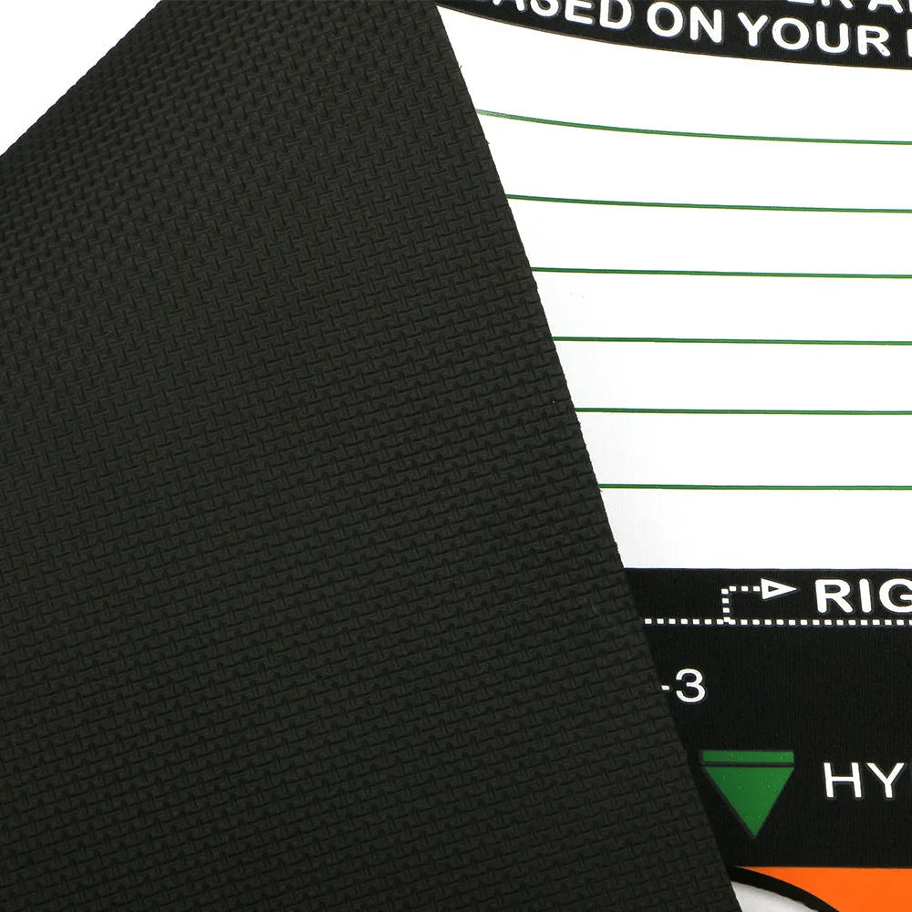 Black neoprene golf swing posture alignment mat for beginners.