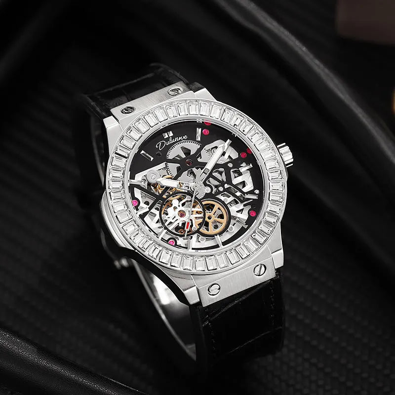 Men's automatic mechanical watch with diamond bezel and skeleton dial on white shell case.