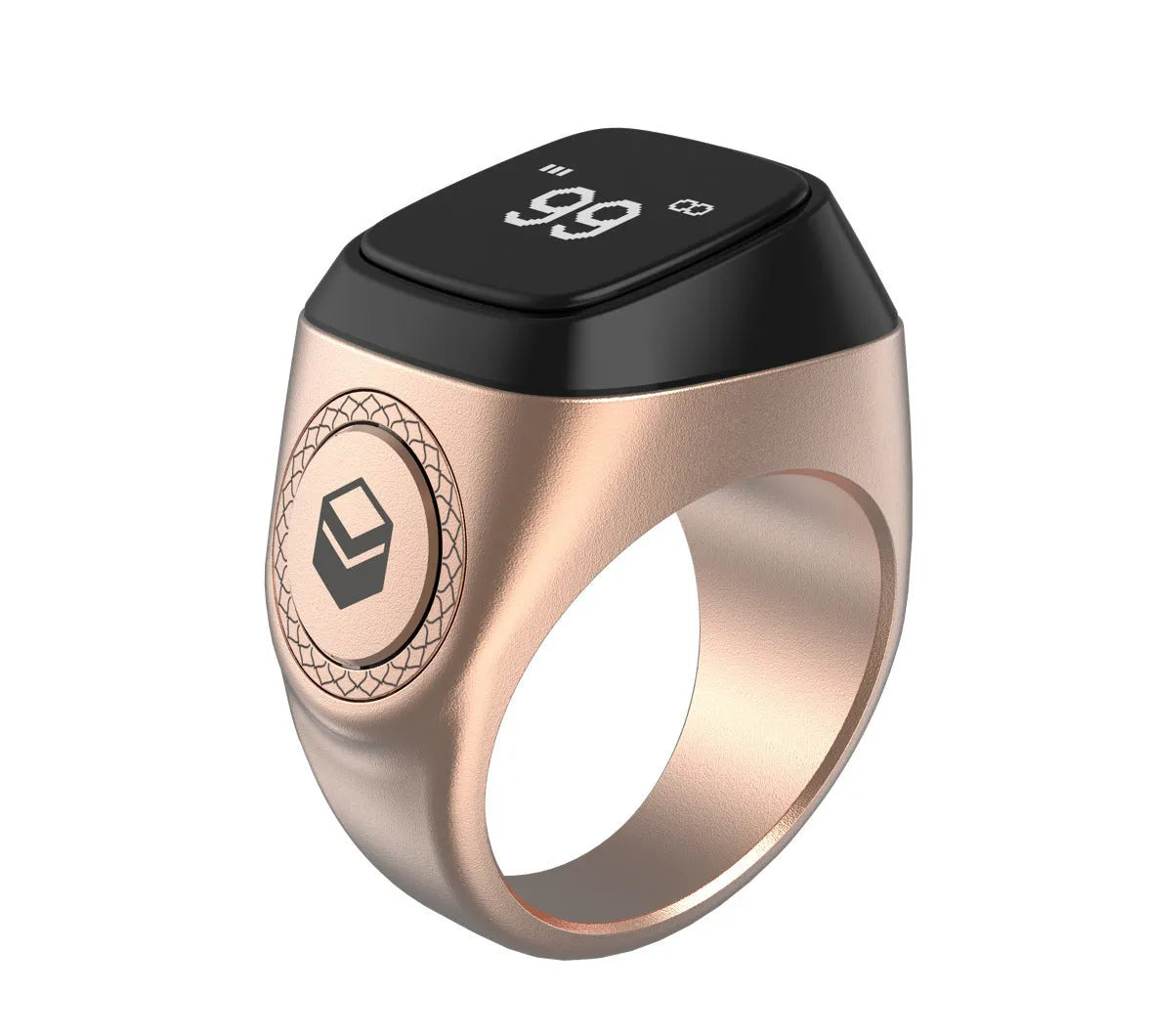 Zikr1 metal smart ring in black with OLED display and single button, shown with charging case.
