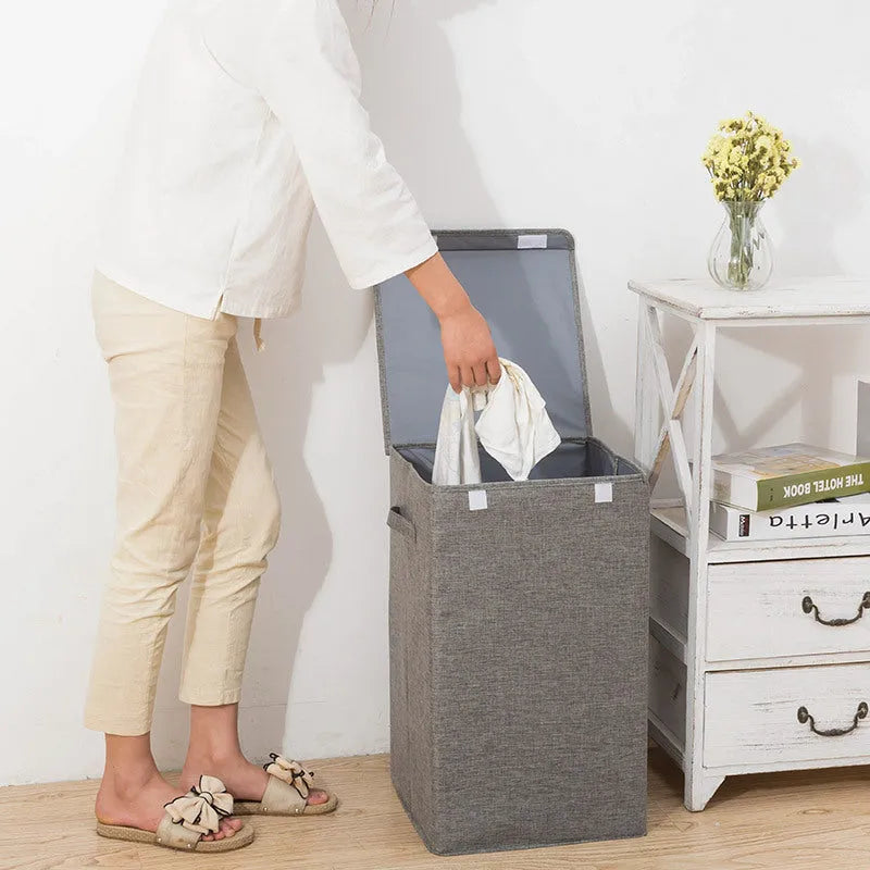 Foldable three-dimensional cotton linen storage basket in grey, khaki or brown colour