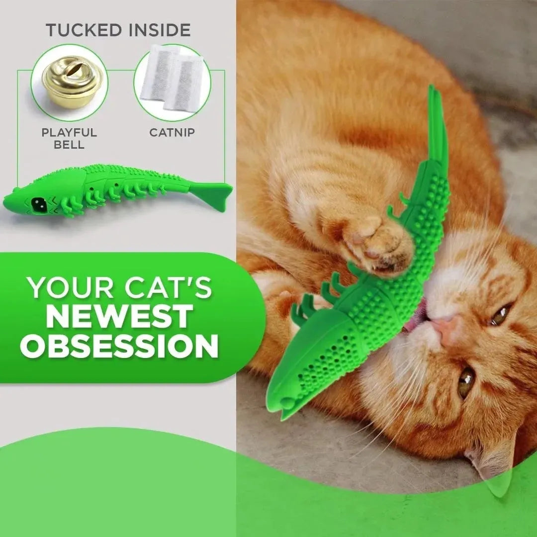 Blue hard rubber catnip chew toy with dental cleaning texture and interactive bell