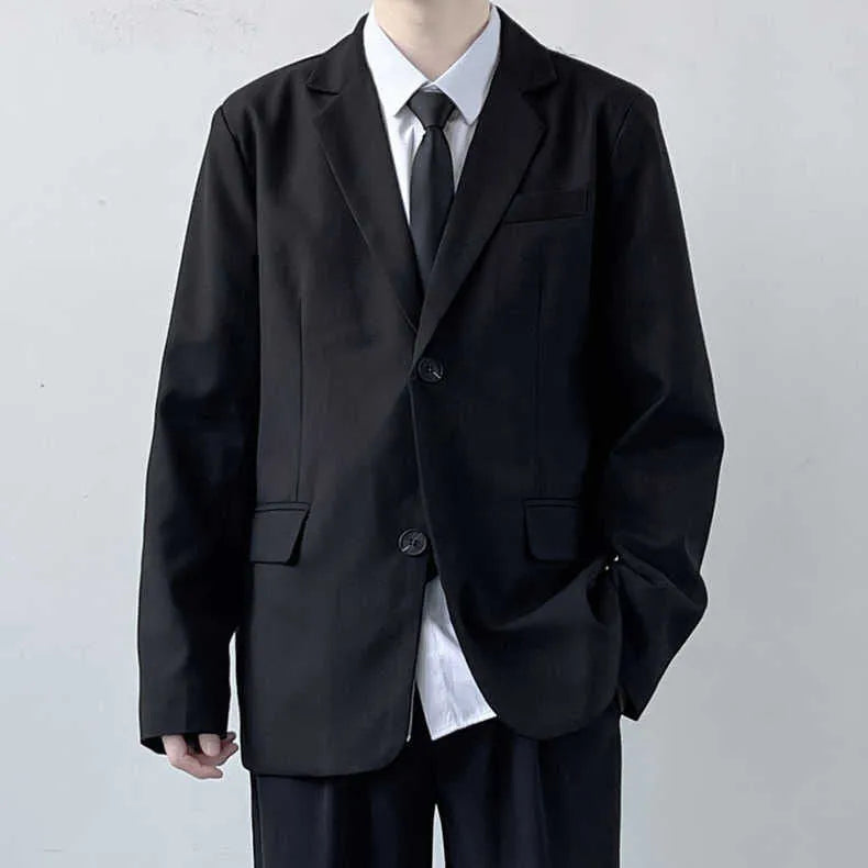 Men's plus size college style suit set including jacket, trousers, white shirt and tie in loose fit design
