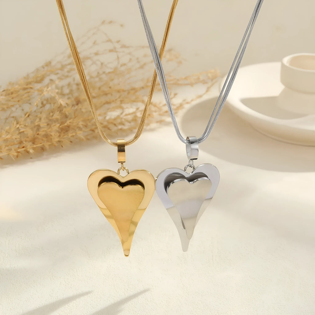 Geometric double heart pendant on stainless steel snake bones chain necklace in gold or steel colour