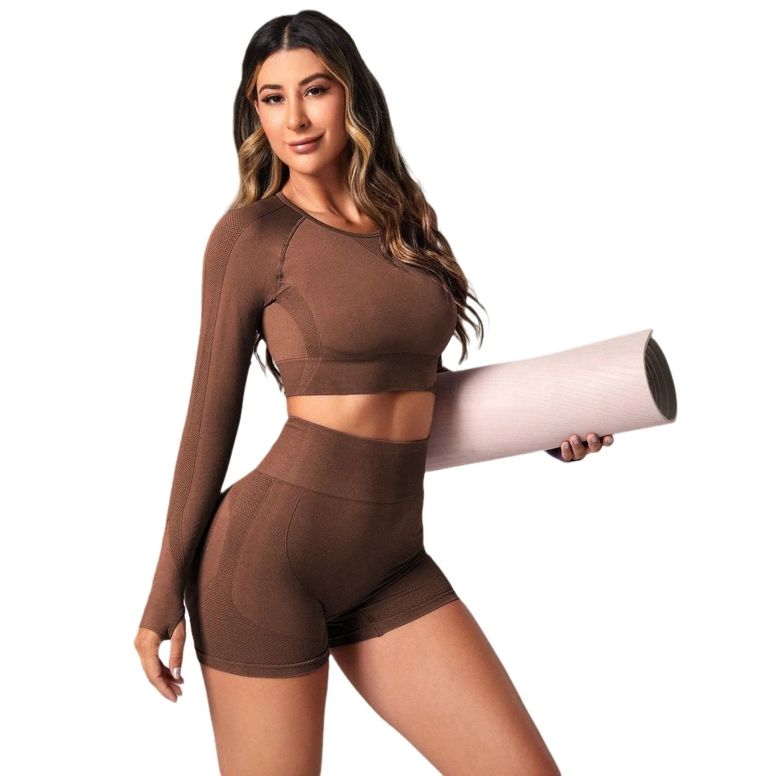 Women's black high waist yoga suit set with long sleeve top and trousers for fitness