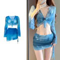 Women's blue four-piece bikini swimsuit set with high-waisted briefs and backless bra design