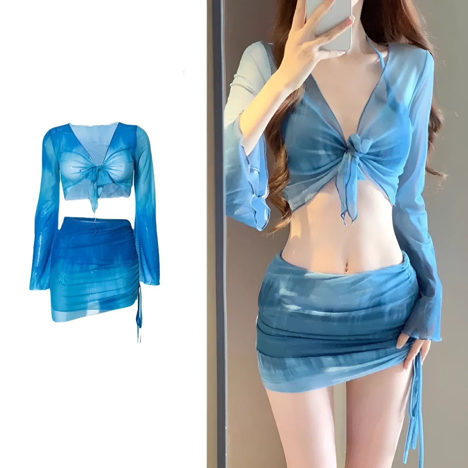 Women's blue four-piece bikini swimsuit set with high-waisted briefs and backless bra design