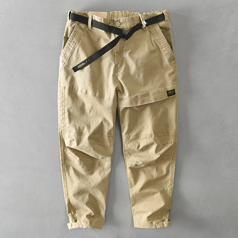 Men's loose-fit casual cotton overalls in khaki colour with an elastic waistband.
