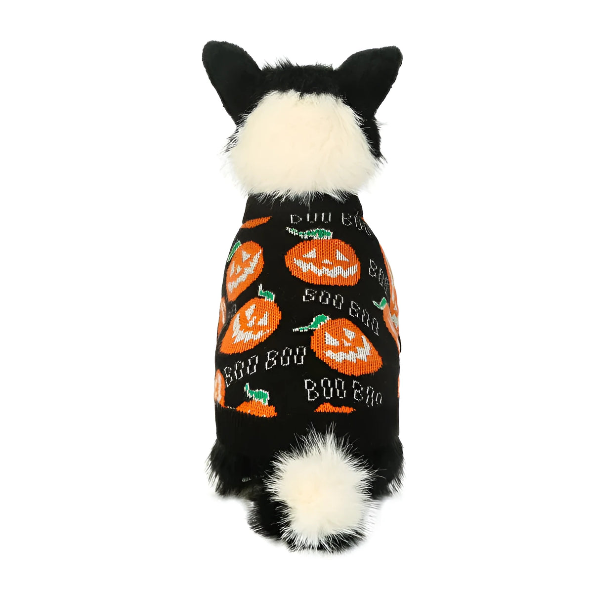 Black dog sweater with orange Halloween pumpkin pattern design for pet costumes