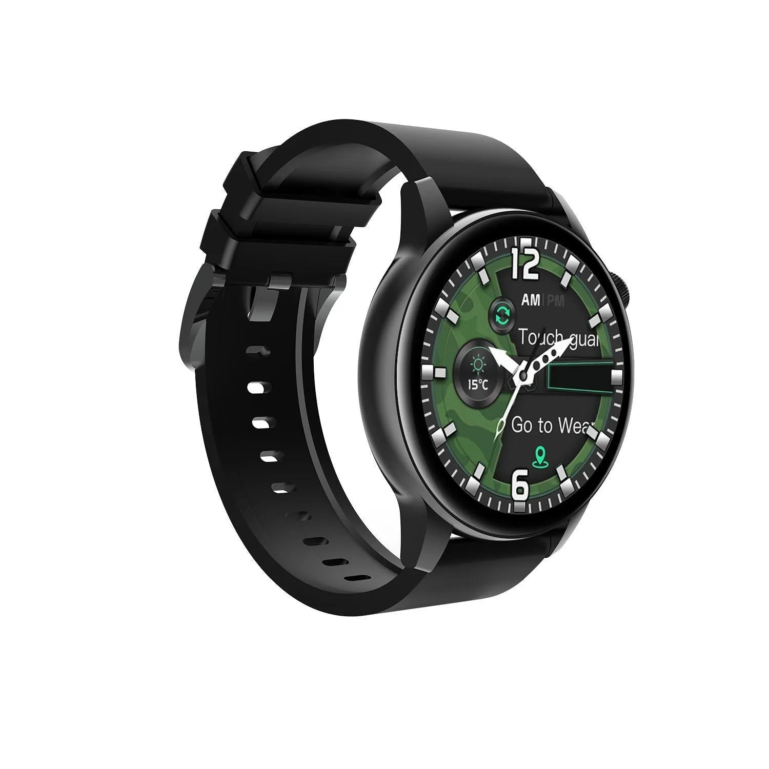 Smart watch with 1.3-inch colour touch screen in a stainless steel case, shown in black, pink, and silver colours