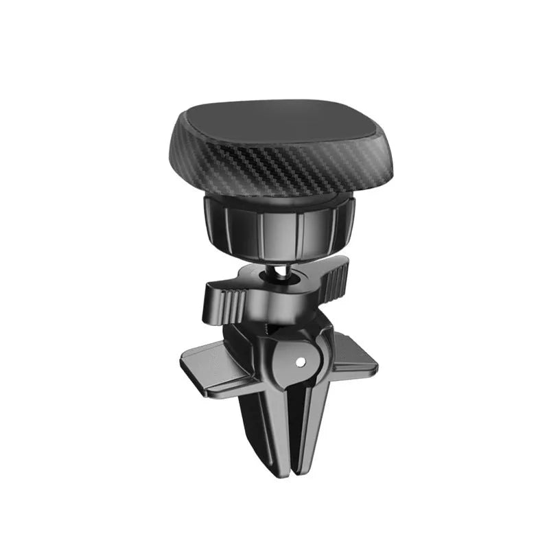 Black magnetic car phone holder attached to vehicle air vent with round head design