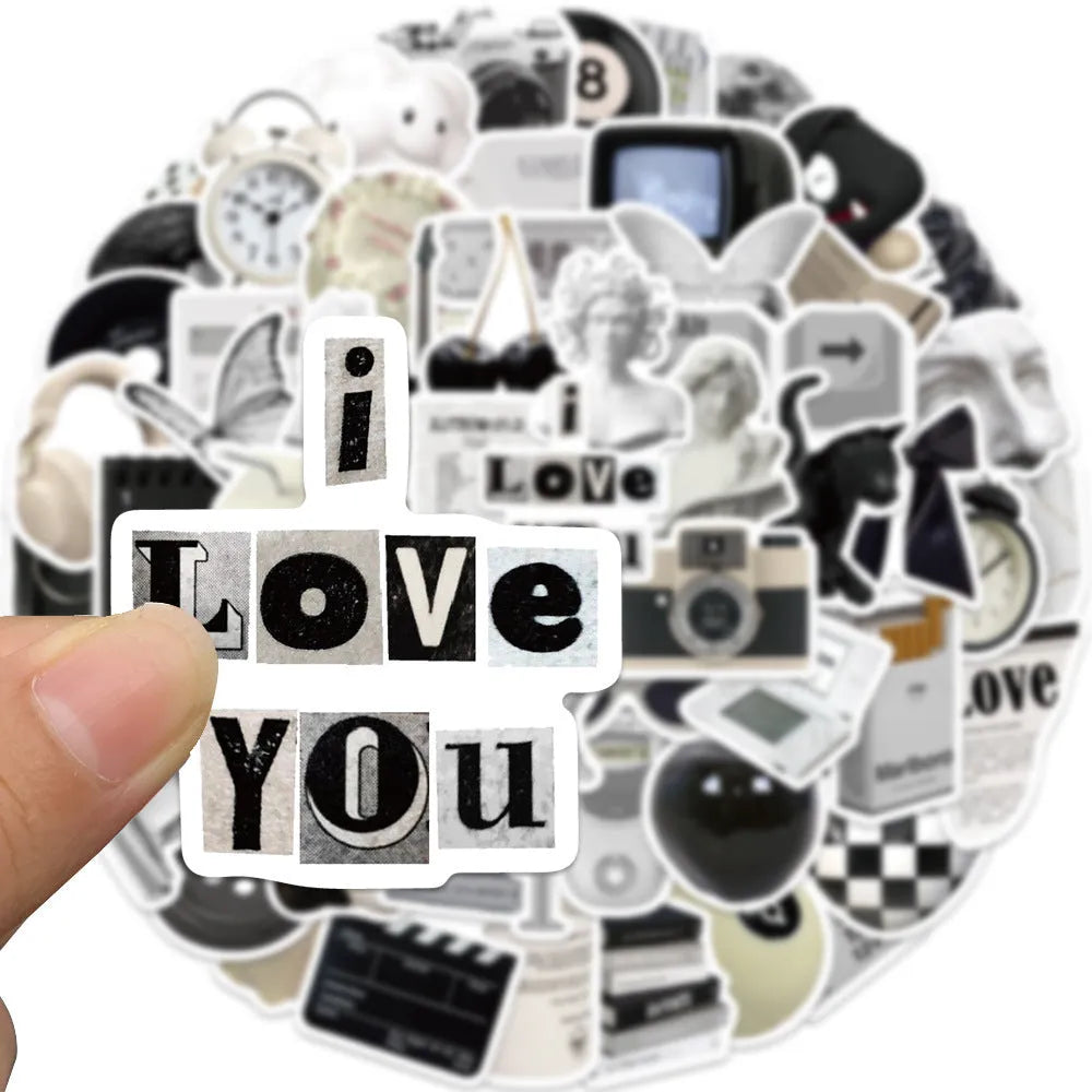 61-piece pack of black and white simple style PVC waterproof stickers for laptops and phones.