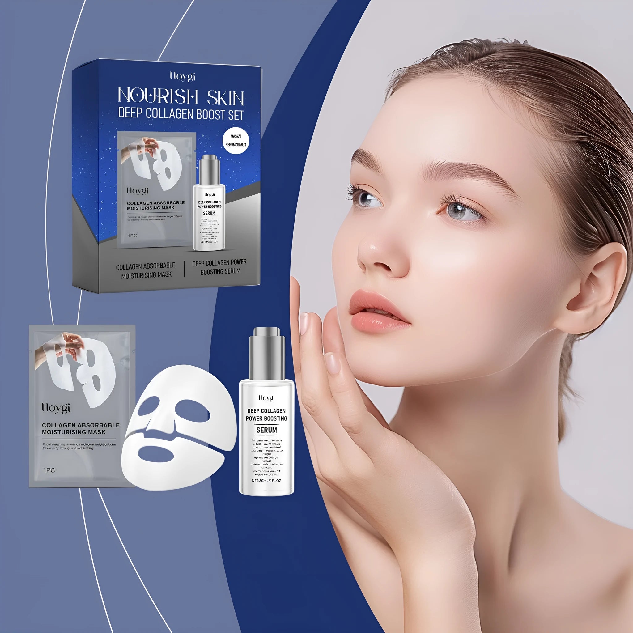 Single-use collagen moisturising facial sheet mask and 30ml essence sachet.