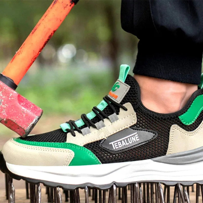 Black green safety shoes with mesh upper and plastic steel toe cap on TPU sole
