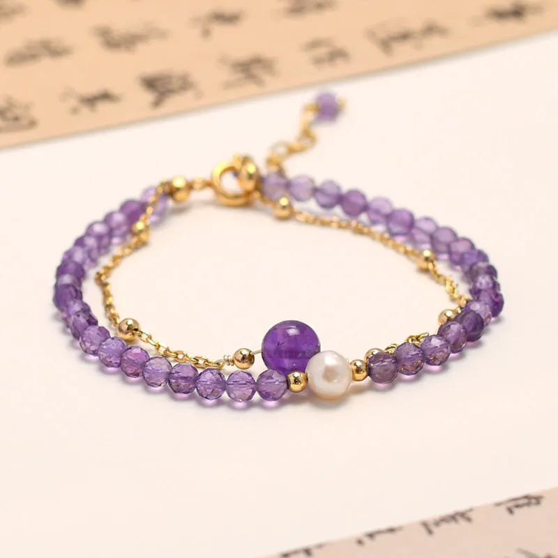 Chinese style women's amethyst crystal bracelet with diamond shaped beads and electroplated metal
