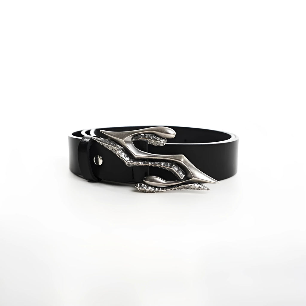 Black two-layer cowhide men's leather belt with a metal letter buckle, laid flat showing its 110cm length.