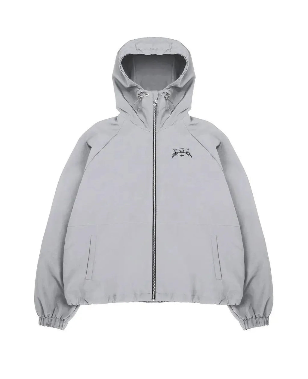 Men's grey hooded sunscreen jacket in British-style loose fit on a middle-aged man outdoors