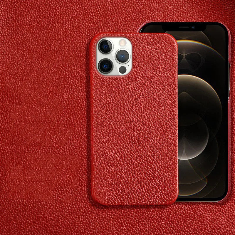 Genuine leather protective case for iPhone in simple half-break style on a table.