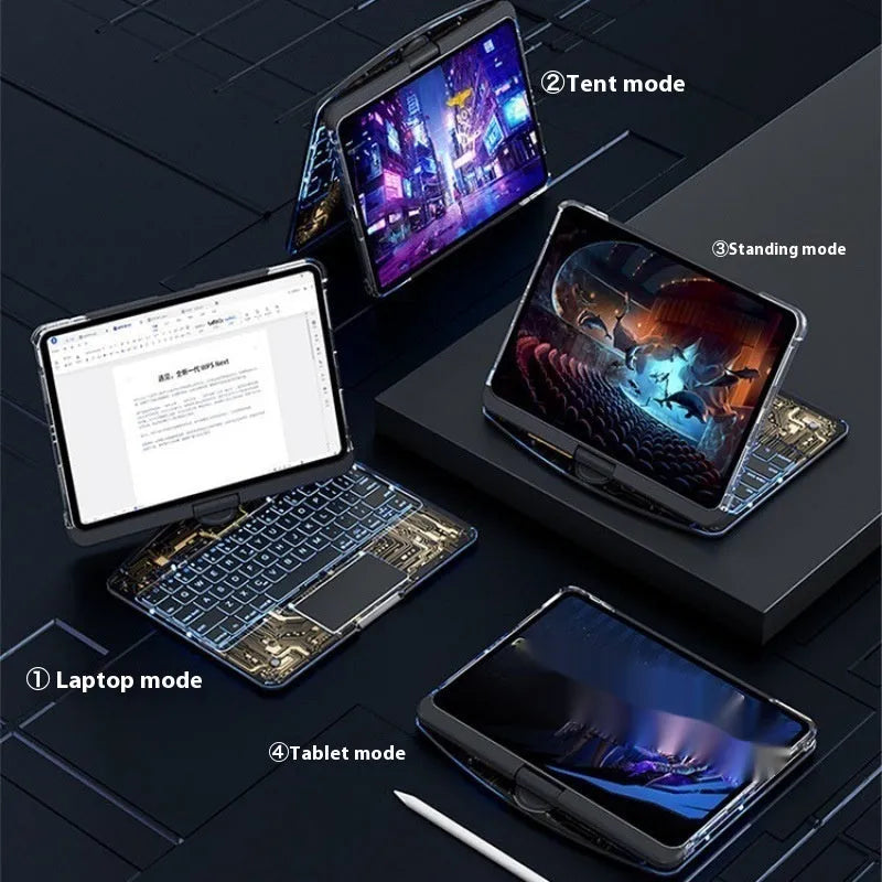Transparent rotating keyboard integrated into a protective case for an Apple iPad tablet.