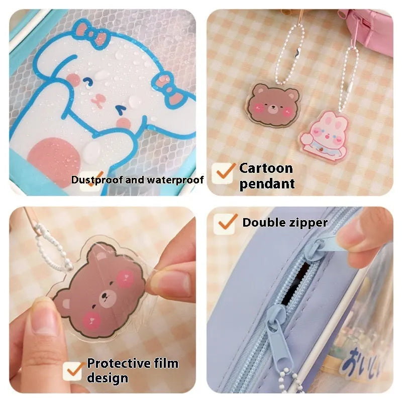 Transparent PVC pencil case with Korean cartoon pattern design for school stationery storage